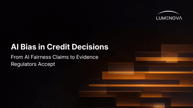 Lumenova AI featured image with the title "AI Bias in Credit Decisions" and glowing orange bars on a dark background.