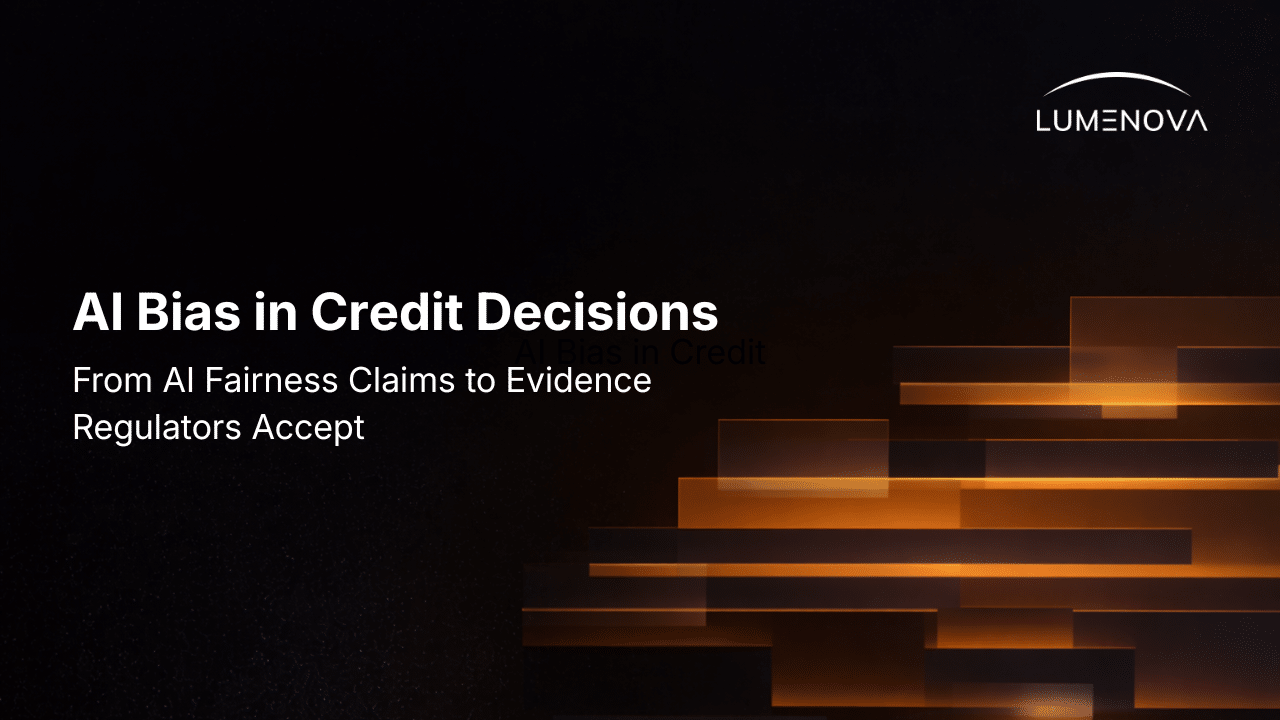 Lumenova AI featured image with the title "AI Bias in Credit Decisions" and glowing orange bars on a dark background.