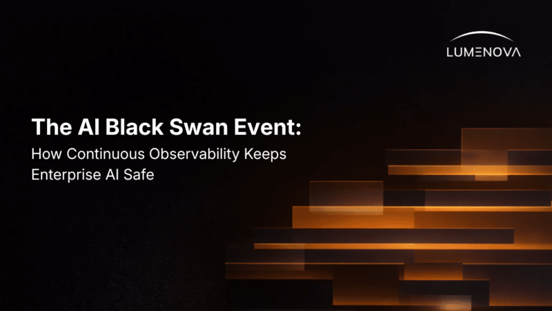 Lumenova AI blog cover titled "AI Black Swan Event" in white text on a dark background with abstract glowing orange stepped bars