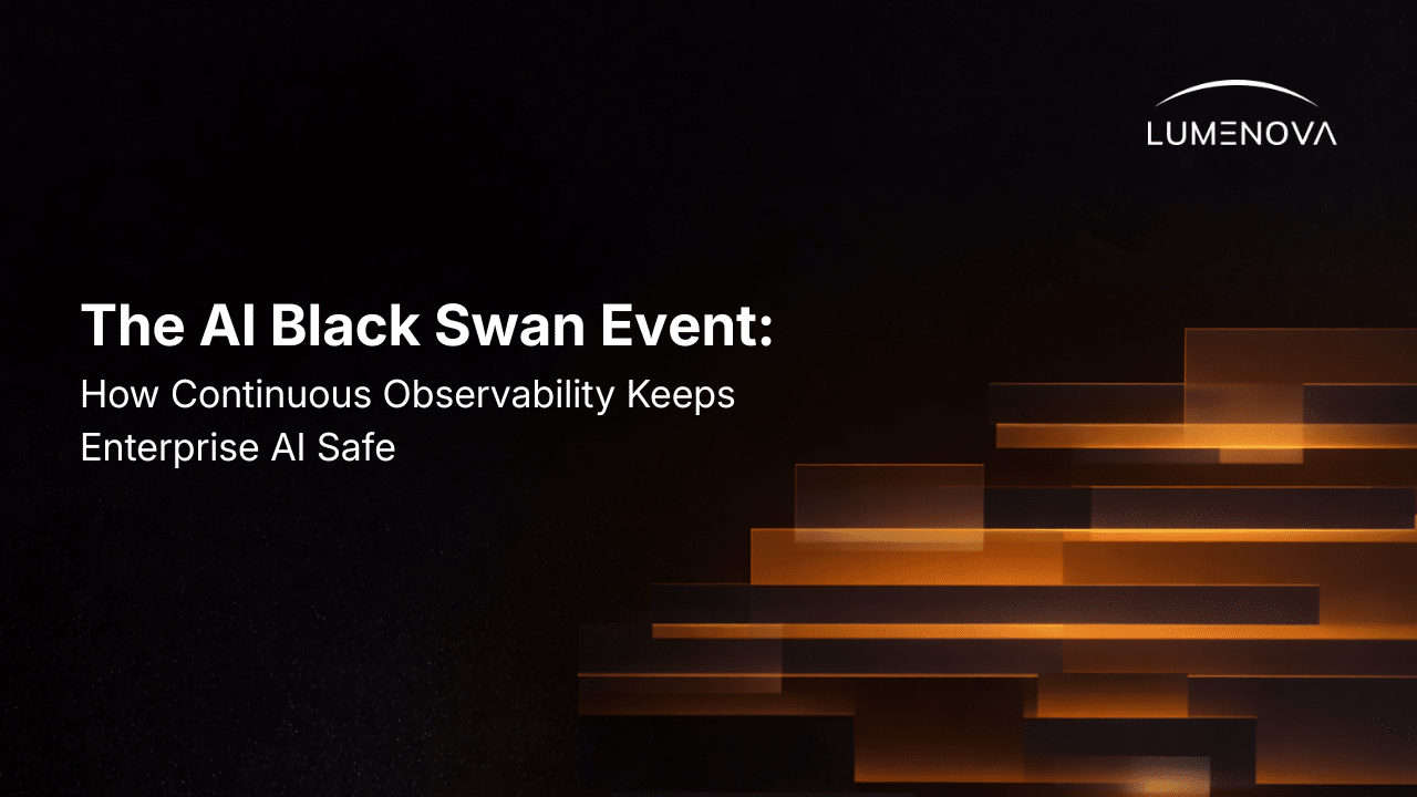 Lumenova AI blog cover titled "AI Black Swan Event" in white text on a dark background with abstract glowing orange stepped bars