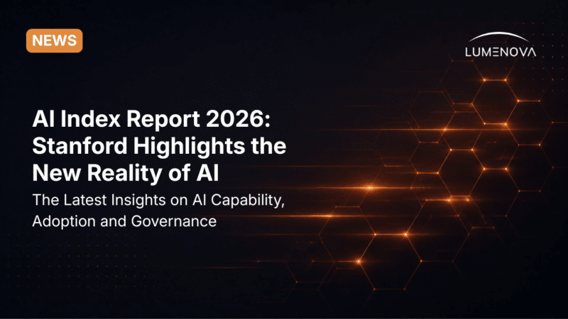 Lumenova AI blog featured image displaying the text "AI Index Report 2026" alongside abstract, glowing orange horizontal steps against a dark background
