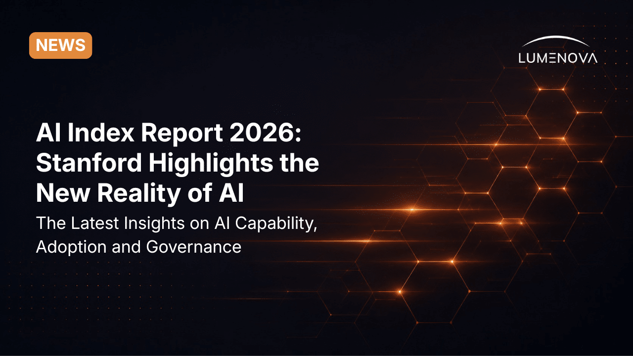 Lumenova AI blog featured image displaying the text "AI Index Report 2026" alongside abstract, glowing orange horizontal steps against a dark background