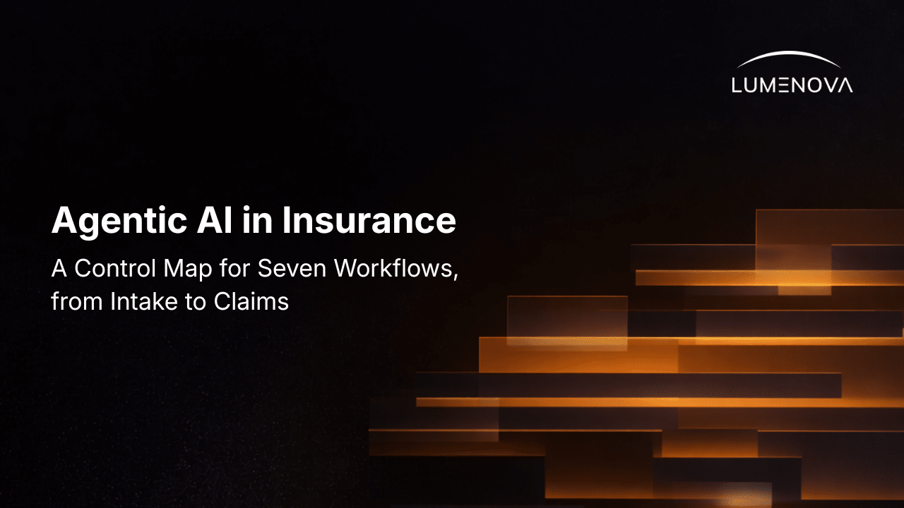 Lumenova AI featured image with the title "Agentic AI in Insurance" and glowing orange bars on a dark background.