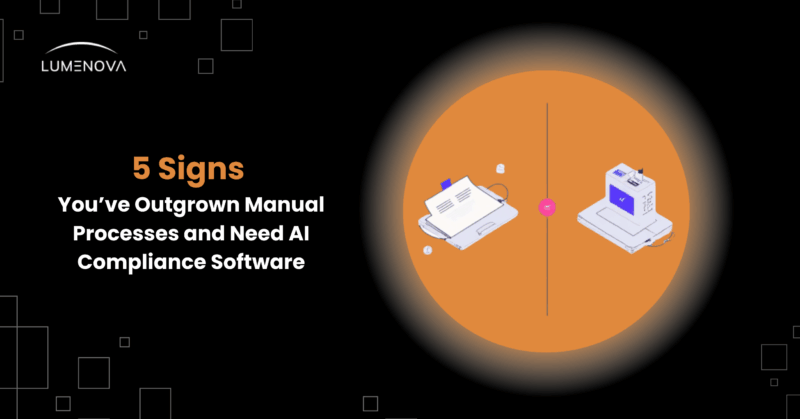 Enterprise-style illustration showing the transition from manual processes to automated AI governance through AI compliance software