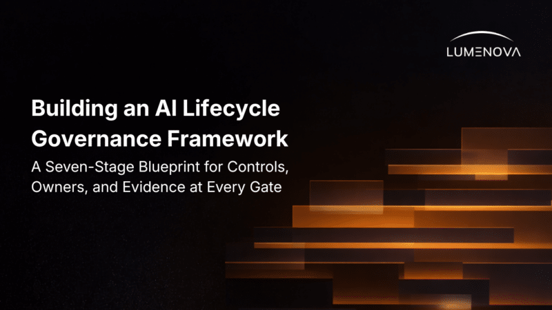 Lumenova AI blog cover titled "Building an AI Lifecycle Governance Framework" in white text on a dark background with abstract glowing orange stepped bars