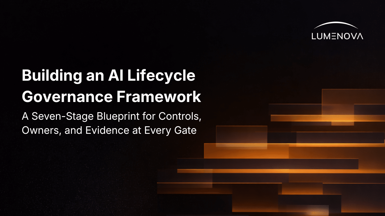 Lumenova AI blog cover titled "Building an AI Lifecycle Governance Framework" in white text on a dark background with abstract glowing orange stepped bars