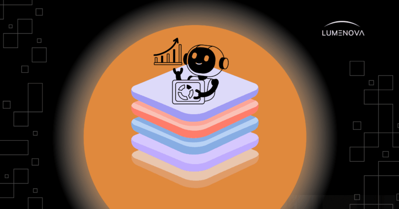 Layered AI system with monitoring icon, representing AI governance enabling scalable enterprise AI adoption.