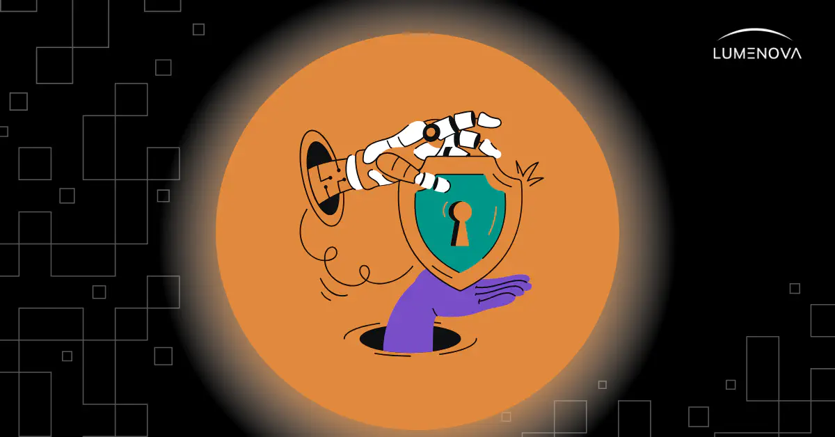 Robotic hand takes shield from human hand, symbolizing GenAI risks bypassing traditional security