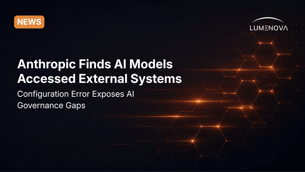 Lumenova AI blog featured image displaying the text "Anthropic finds AI Models accessed external systems" alongside abstract, glowing orange horizontal steps against a dark background