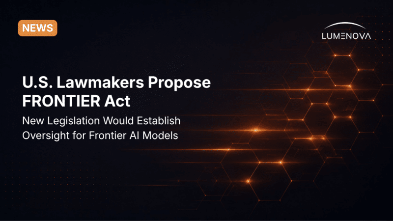 Lumenova AI blog featured image displaying the text "US Introduces the FRONTIER Act" alongside abstract, glowing orange horizontal steps against a dark background