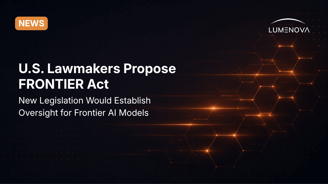 Lumenova AI blog featured image displaying the text "US Introduces the FRONTIER Act" alongside abstract, glowing orange horizontal steps against a dark background