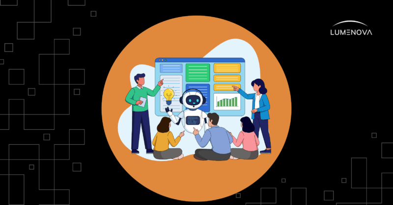 Illustration of a team collaborating with an AI system, reviewing dashboards and data insights together.